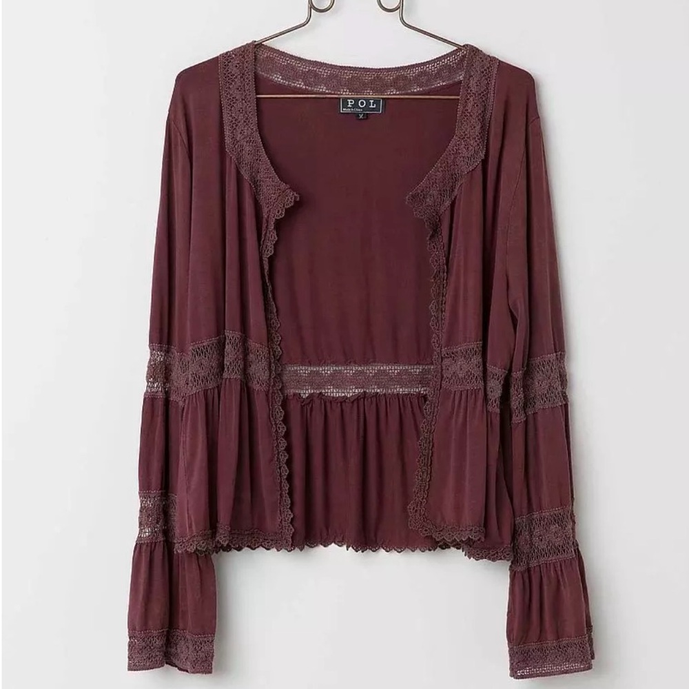 POL Maroon Lace Accent Cardigan